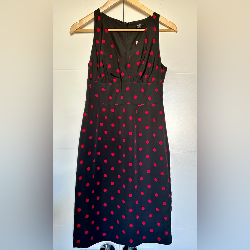 Black with red polka dots lined knee length dress from Jacob. NWT